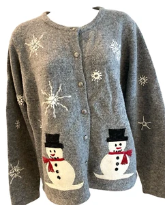 WOOL Vintage Sweater Cardigan Snowman Northern Isles Winter Hong Kong Womens L - Picture 1 of 15
