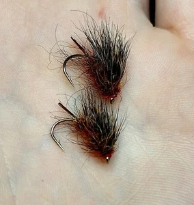 2x Waldbrand Segge Schweineforellen Fliegen gebunden an Kamasan B160 Haken Größe 8 - Bild 1 von 1
