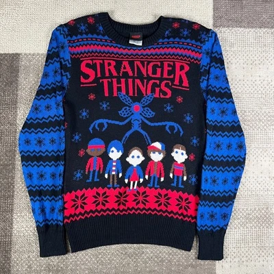 Stranger Things Ugly Christmas Sweater Mens Size S Black Red Blue Characters - Image 1 of 4