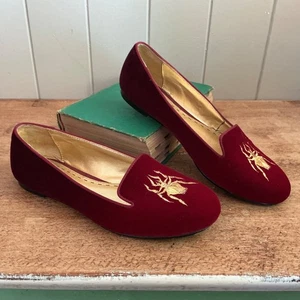 MIMCO Size 37 Burgundy Velvet Shoes Flats Gold Embroidered Beetle LIKE NEW - Picture 1 of 4
