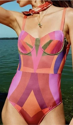 Nuevo traje de baño Farm Rio x Anthropologie GEO 1 pieza Lg púrpura rojo ajustable Maillot Foto 1 de 4