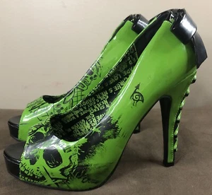 JUST FABULOUS Skulls Peep Toe Stiletto HEELS Lime Green Size 6 Halloween Costume - Picture 1 of 11