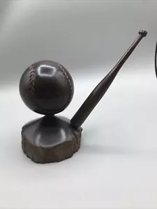Ironwood Hand Carved Baseball with Bat On Stand Trophy Vintage 3 Pieces - Picture 1 of 3