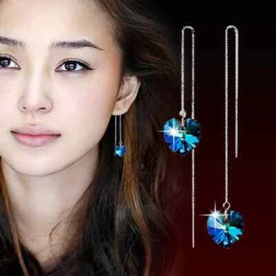 925 Sterling Silver Filled Threader Tassel Ear Line CZ Crystal Blue Earrings - image 1 of 2