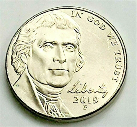 2019 P Jefferson Nickel -  BU Coin Pulled From OBW Roll Cover
