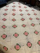 Vtg Hand Crochet 3D Pink Roses Green Ivory 75X 80” Bedspread Blanket