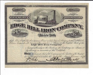PENNSYLVANIA 1876 Edge Hill Iron Company Stock Certificate Glenside - Picture 1 of 2