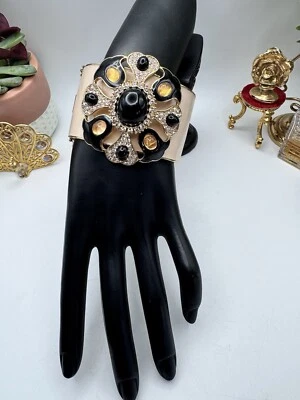 J. Crew Wide Wide Heavy Enamel Rhinestone Flower Cuff Bracelet Black and Cream - Image 1 of 4