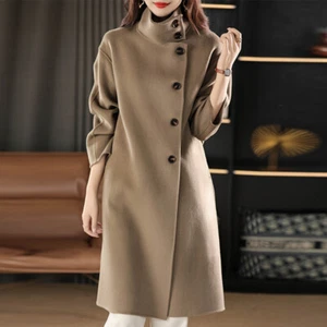 Womens Stand Collar Double Sided 100% Wool Button Mid Long Trench Coat Overcoats - Picture 1 of 25