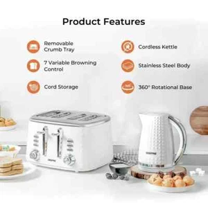 Diamond Pattern Design 1.7L 3kw Jug Kettle & Wide Slot 4 Slice Toaster White - Picture 1 of 7