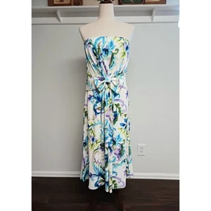 Lauren Ralph Lauren Kleid Damen 14 Trägerlos Aquarell Blumenmuster Midi Schleife - Bild 1 von 8