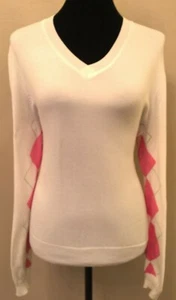 Greg Norman Womens Golf Sweater Large White Pink Argyle Long Sleeve Cotton - Picture 1 of 11