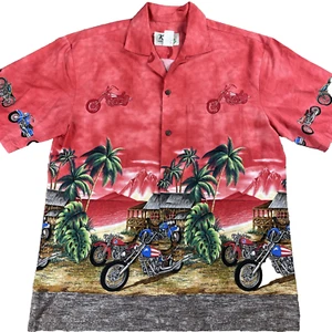 KY’S Hawaiian Shirt Men's M Red Motorcycle Palm Tree USA Chopper Aloha Cotton - Picture 1 of 15