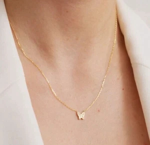 Genuine Diamond Butterfly Pendant Necklace in 14K Gold Elegant Gift For Women - Picture 1 of 17