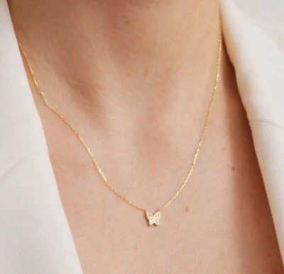 Genuine Diamond Butterfly Pendant Necklace in 14K Gold Elegant Gift For Women - Image 1 of 4
