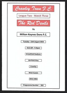 CRAWLEY TOWN v MILTON KEYNES DONS 15.08.23 LEAGUE TWO PROGRAMME - Picture 1 of 3