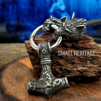 Collar Hombre Lobos Vikingos Cuerda Cuero Acero Inoxidable Thor Mjolnir Colgante Foto 1 de 4