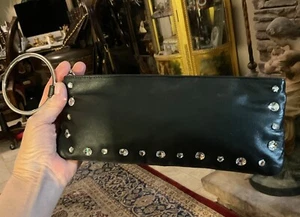 Bebe Black Rhinestone Crystals Wristlet Clutch Purse Faux Leather Zipper Logo - Picture 1 of 8
