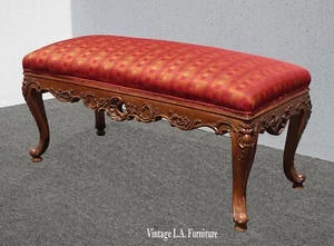 Vintage French Louis Ornate Carved Red Checkered Bedside Bench - Picture 1 of 12