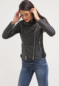 Chaqueta de Cuero Genuino Negra Mujeres Piel de Cordero Suave Motociclista Chaqueta de Regalo - Imagen 1 de 12