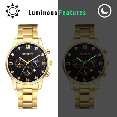 Reloj Pulsera Hombre Chapado en Oro Luminoso Cara Negra Acero Inoxidable Cuarzo Fecha Foto 1 de 4
