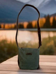 L.L. Bean Canvas And Leather Crossbody Army Green 7 1/2”x8” Adjustable Strap Bag - Picture 1 of 14