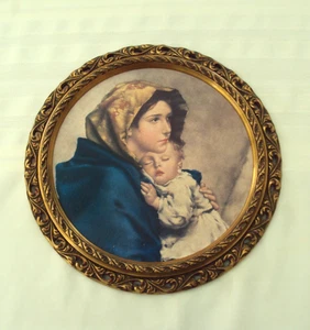 VINTAGE BLESSED MOTHER & JESUS ROUND PICTURE GOLD TONE WOOD FRAME 13" ROUND #DH - Picture 1 of 6