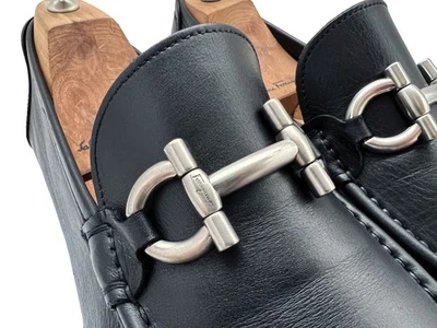 $995 Salvatore Ferragamo Mens CANCUN Black Shoes Gancini Silver Bit Loafers 10 - Image 1 of 4