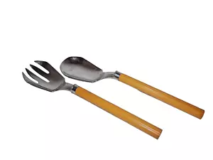 VINTAGE SALAD FORK & SPOON SET BUTTERSCOTCH HANDLES MID CENTURY RETRO - Picture 1 of 1
