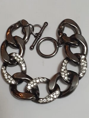 Pulseira unissex de metal cinza com strass elo robusto tamanho 8 - Imagem 1 de 4