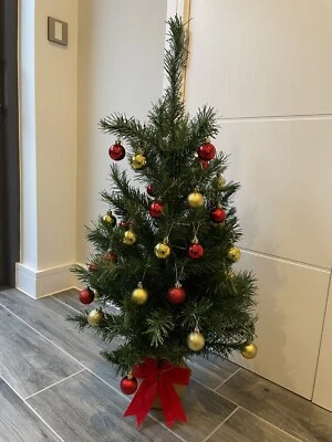 Mini Artificial Christmas Tree - 1 Meter Tall, With Red And Gold Small Baubles - Image 1 of 2
