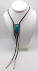 NATIVE AMERICAN INIDIAN STERLING SILVER TURQUOISE STONE LEATHER BOLO TIE