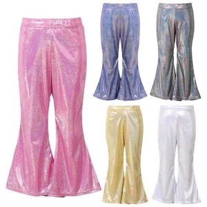 Kids Girls Shiny Flare Pants Bell-Bottomed Pants Sparkle Wide Leg Long Trouers - Picture 1 of 42