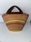 CHATEAU Handbag Women Orange Stripe Wood Handles Boho Straw Bag