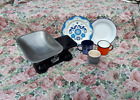 JOB LOT OF VINTAGE STYLE ENAMEL SCALES, PLATES, MUGS DAMAGED DISPLAY STAGE PROPS