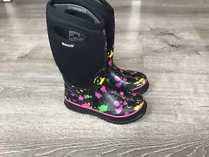 BOGS Youth Pink Paint Splat Neoprene Boots Girls size 1 Winter Boots Black - Picture 1 of 13