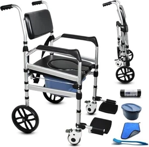Folding Bedside Commode with Wheels, Padded Shower Chair with Bucket, Rolling Sh - Picture 1 of 5