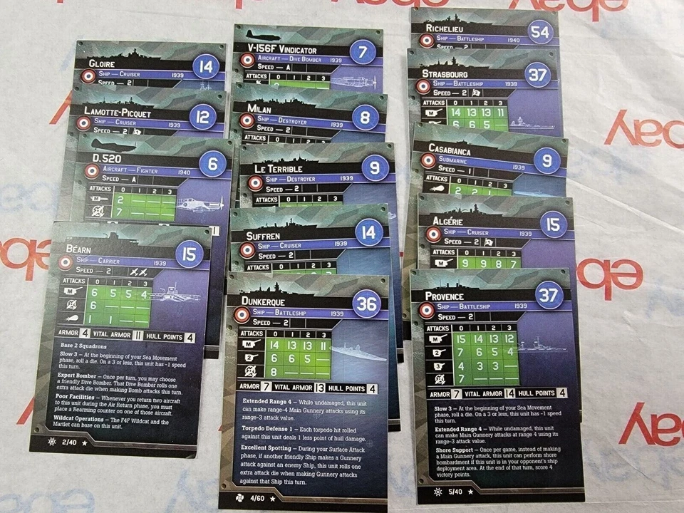 Miniaturas Axis Allies War at Sea SOLO CARTAS FRANCESAS BEARN ESTRASBURGO DUNKERQUE+ Foto 1 de 1