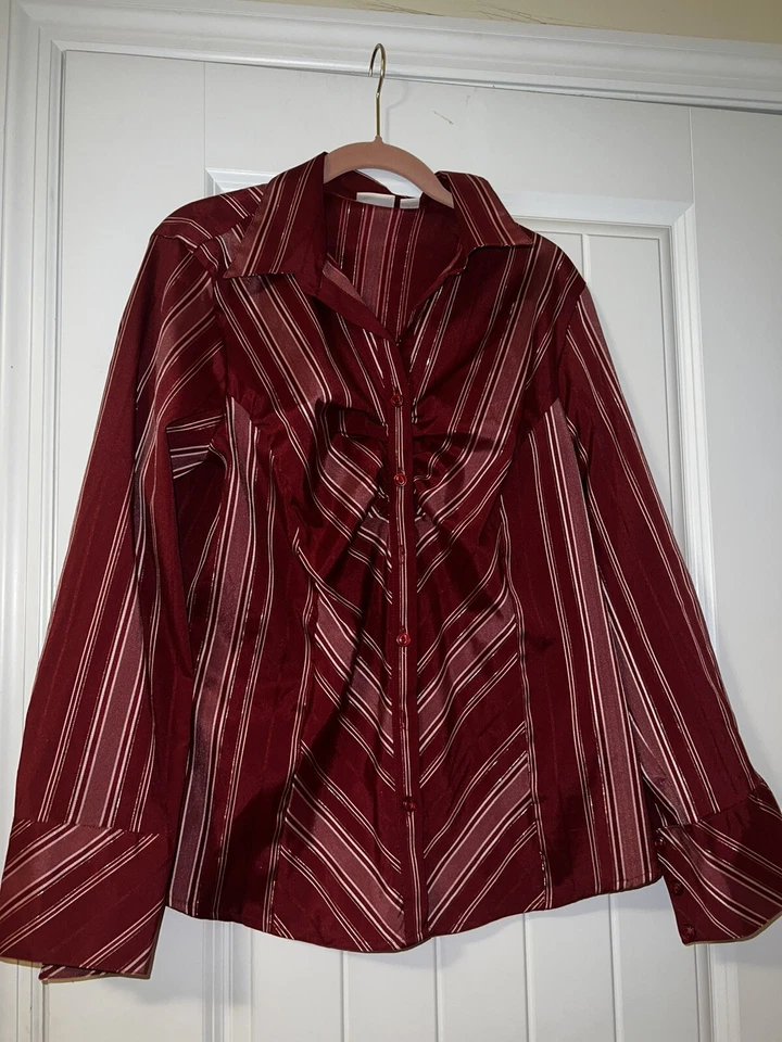 Cato womens silver and red striped button down long sleeve blouse plus 14W/16W - Image 1 of 4