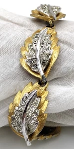Marboux (Marcel Boucher)Gold Plated & Silver Color Rhinestone Leaf Link Bracelet - Picture 1 of 8