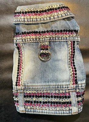 DOG BLING Fuchsia, Black & Crystal Rhinestone Denim Jacket w/Harness-Leash Ring - Image 1 of 4