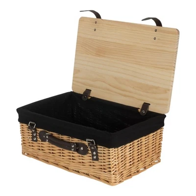 36cm Buff Black Lined Willow Empty Picnic Basket with Pinewood Lid - Image 1 of 4