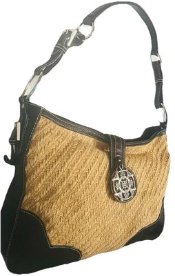 BOLSO DE MANO DE HOMBRO TEJIDO KATE LANDRY NEGRO VACA LÍDER RIBETE PLATA LOGOTIPO Y HEBILLA Foto 1 de 4