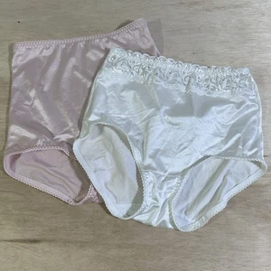 2 Vintage Unterkleid seidig Nylon Oma Slip Höschen Gr. M weiß & rosa High Waist - Bild 1 von 16
