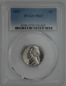 ONE OF PR67 1957 JEFFERSON NICKEL PCGS GRADED US 5C PROOF P-MINT EXACT COIN - Picture 1 of 6