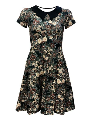 Vintage Gothic Floral Sugar Skulls Roses Print Rockabilly Collar Dress Halloween - Image 1 of 3