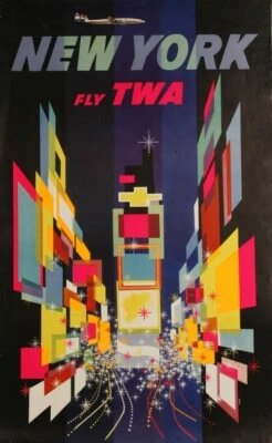Póster vintage de David Klein TWA de la ciudad de Nueva York mediados de siglo moderno Times Square Foto 1 de 2