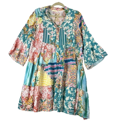 Women Dress  Large Made In Italy Mix Print Patch Dress Fairy Bell Sleeve - Image 1 of 4