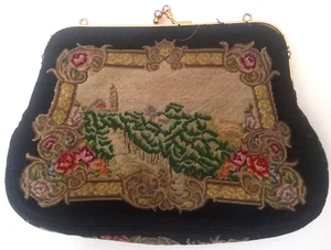 Petit Point/Needlepoint/Tapestry - Black Bag - Floral Moifs, Vintage - Picture 1 of 3