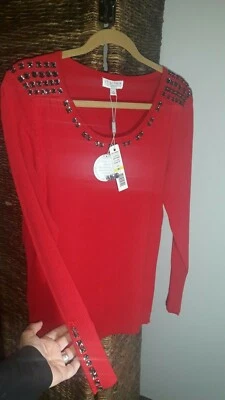 Joseph A Pullover Sweater Hand Sewn Beading Poinsetta Red NWT SZ M Christmas  — 第 1/4 张图片